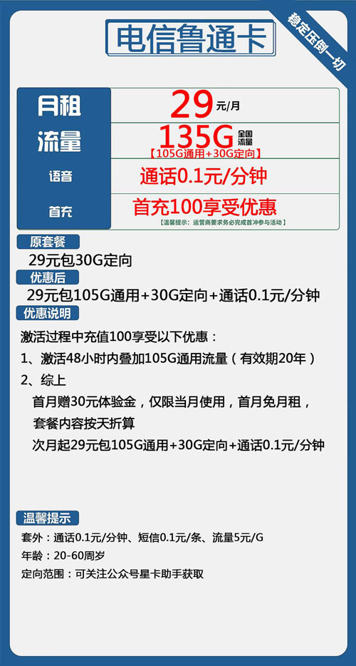 电信鲁通卡29元月包105G通用流量+30G定向流量+通话0.1元/分钟