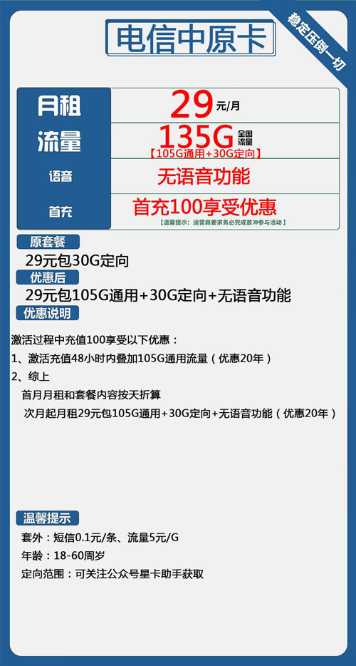 电信中原卡29元月包105G通用流量+30G定向流量+无语音功能
