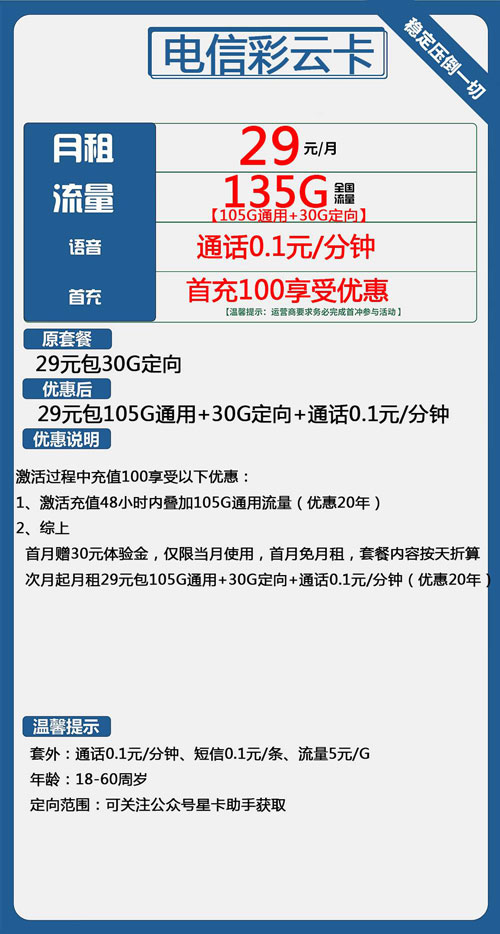 电信彩云卡29元月包105G通用流量+30G定向流量+通话0.1元/分钟