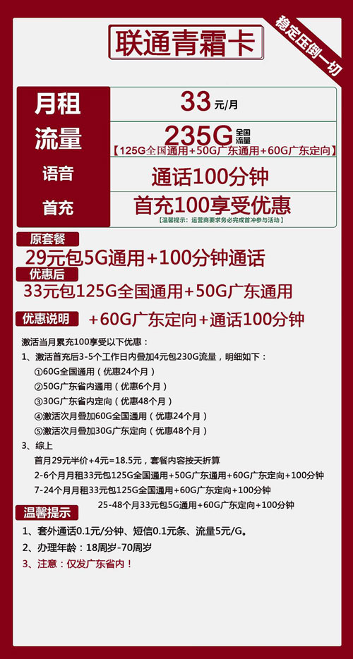 联通青霜卡33元月包125G全国通用+50G广东通用+60G广东定向+100分钟通话