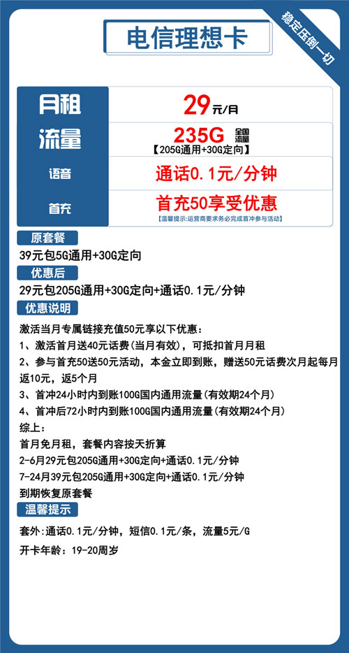 电信理想卡29元月包205G通用流量+30G定向流量+通话0.1元/分钟