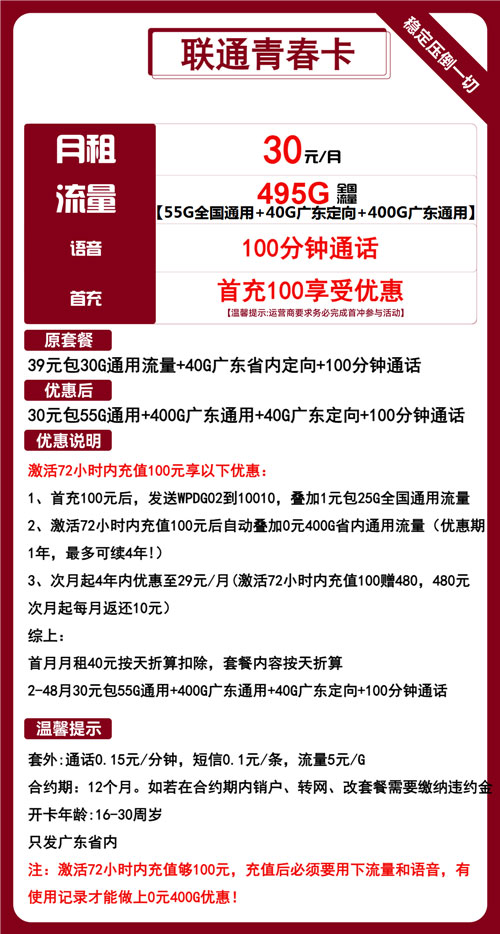 联通青春卡30元月包400G省内+55G全国+40G省内定向+100分钟通话
