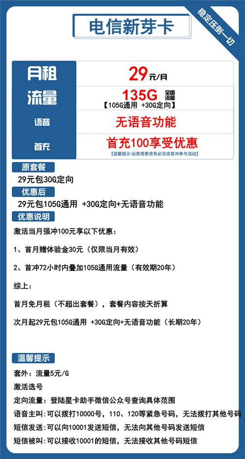 电信新芽卡29元月包105G通用流量+30G定向流量+可选号
