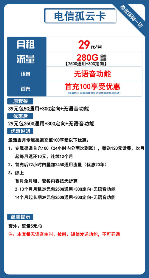 电信孤云卡29元月包250G通用流量+30G定向流量+无语音功能
