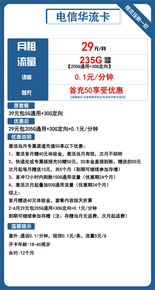 电信华流卡29元月包205G通用流量+30G定向流量+通话0.1元/分钟