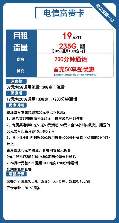 电信富贵卡29元月包205G通用流量+30G定向流量+200分钟通话