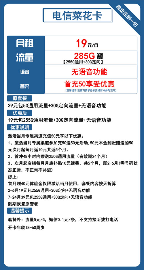 电信菜花卡19元月包255G通用流量+30G定向流量+无语音功能