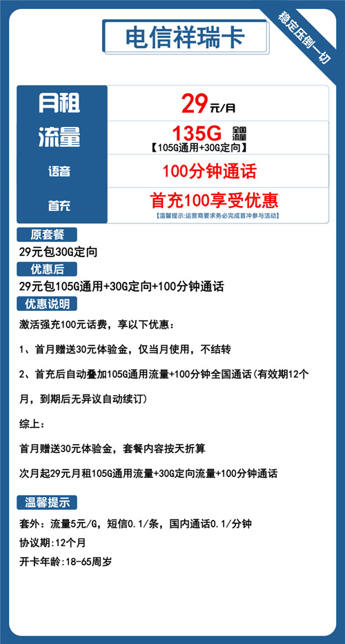 电信祥瑞卡29元月包105G通用流量+30G定向流量+100分钟通话