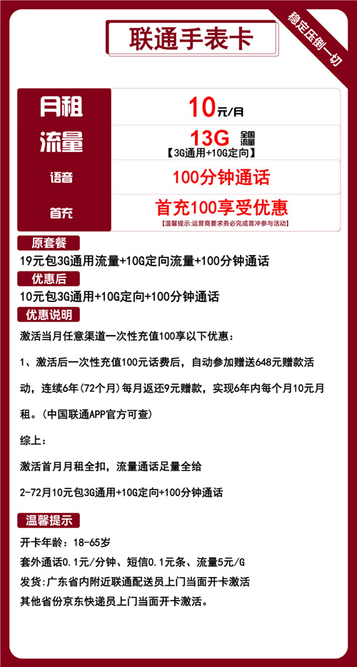 联通手表卡10元月包3G通用流量+10G定向流量+100分钟通话
