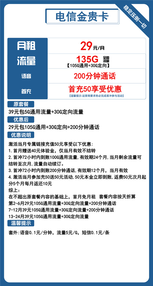 电信金贵卡29元月包105G通用流量+30G定向流量+200分钟通话