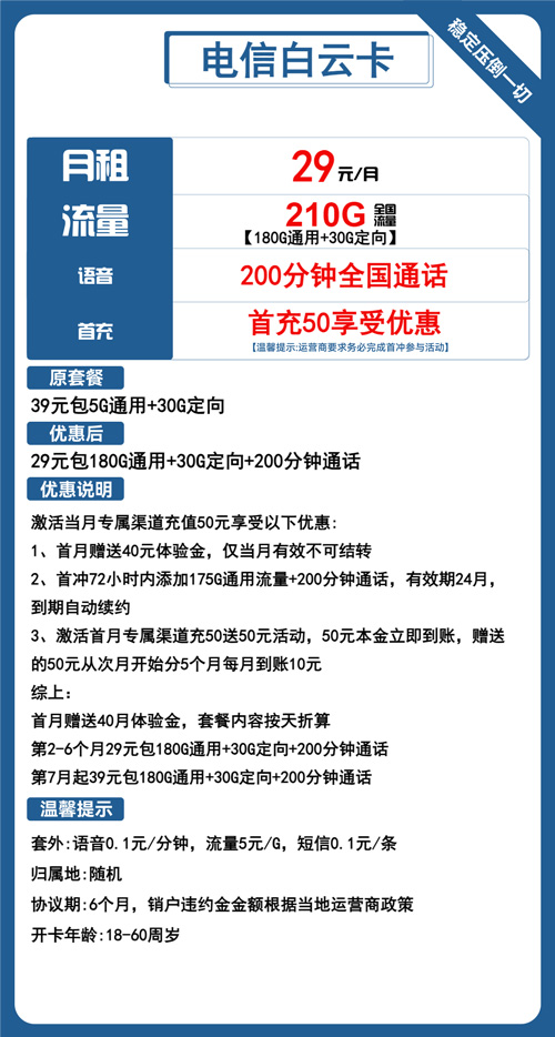 电信白云卡29元月包180G通用流量+30G定向流量+200分钟通话