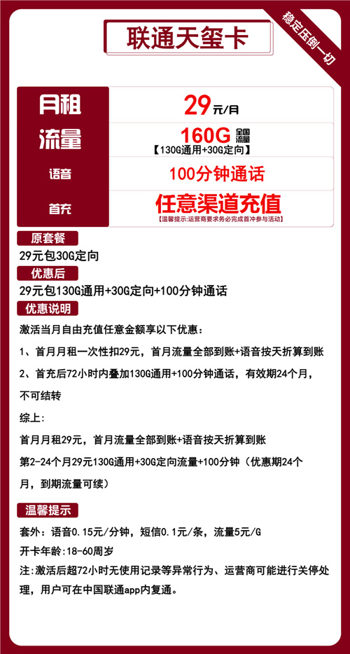 联通天玺卡29元月包130G通用流量+30G定向流量+100分钟通话