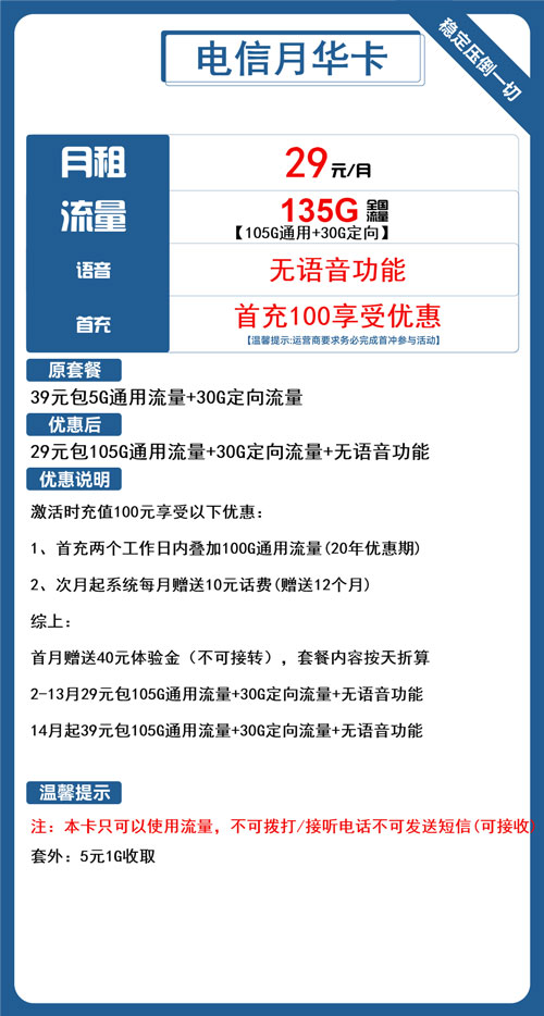 电信月华卡29元月包105G通用流量+30G定向流量+无语音功能