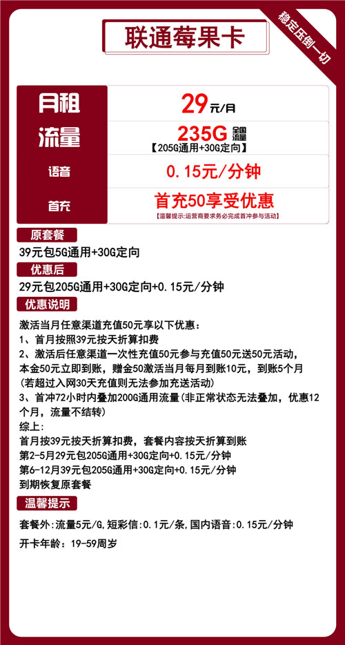 联通莓果卡29元月包205G通用流量+30G定向流量+通话0.15元/分钟