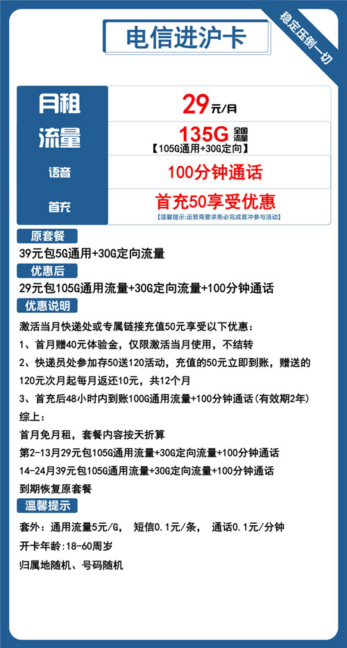 电信进沪卡29元月包105G通用流量+30G定向流量+100分钟通话