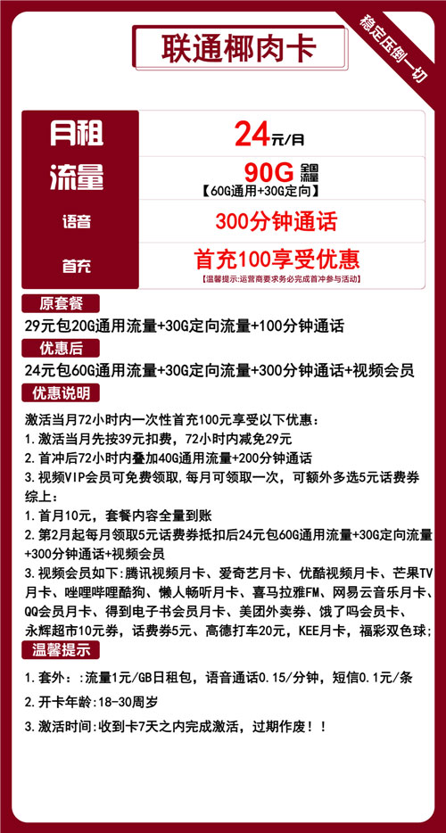 联通椰肉卡24元月包60G通用流量+30G定向流量+300分钟通话+会员权益