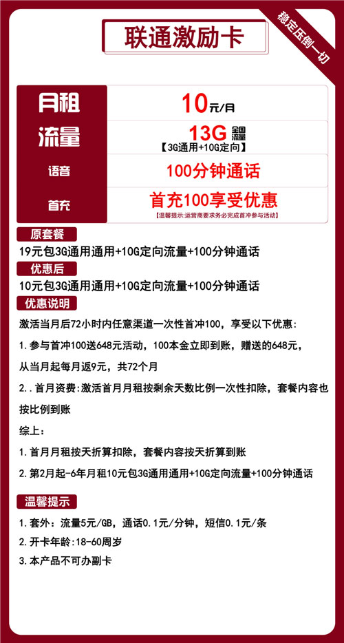 联通激励卡10元月包3G通用流量+10G定向流量+100分钟通话