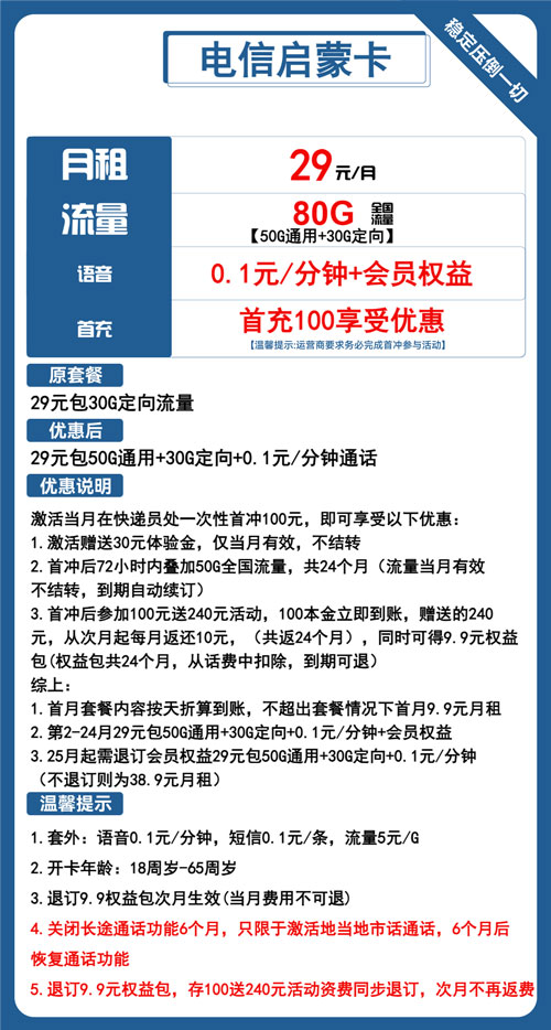 电信启蒙卡29元月包50G通用流量+30G定向流量+会员权益