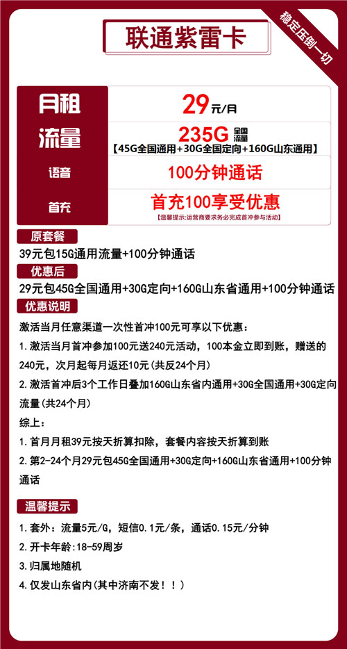 联通紫雷卡29元月包45G全国通用+30G定向+160G山东通用+100分钟通话