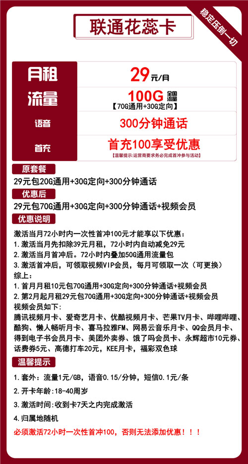 联通花蕊卡29元月包70G通用流量+30G定向流量+300分钟通话+视频会员