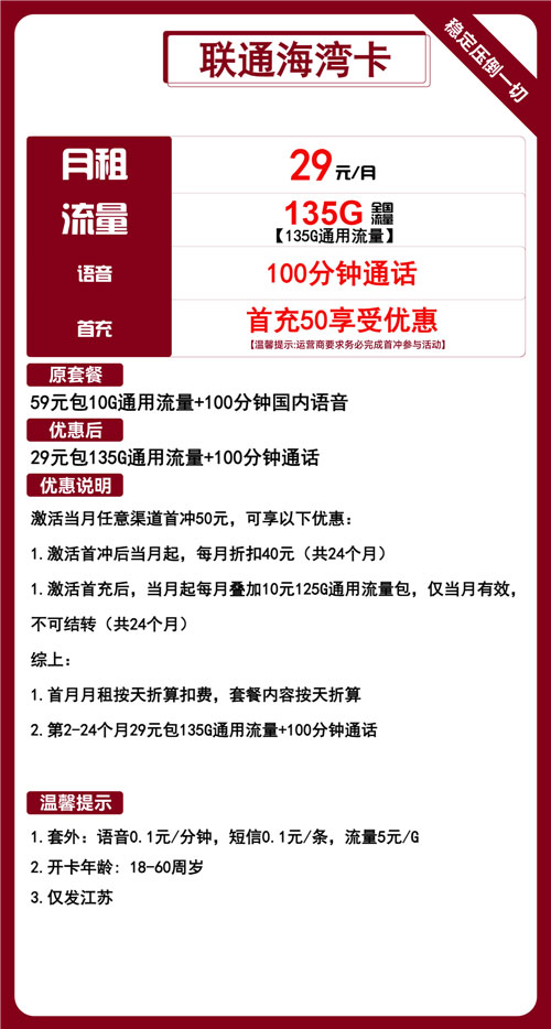联通海湾卡29元月包135G通用流量+100分钟通话