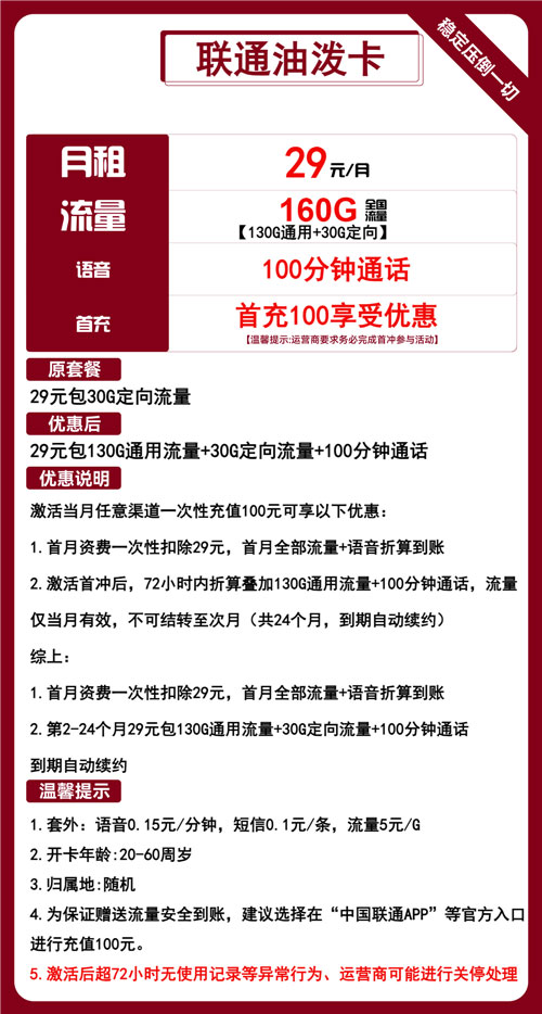 联通油泼卡29元月包130G通用流量+30G定向流量+100分钟通话