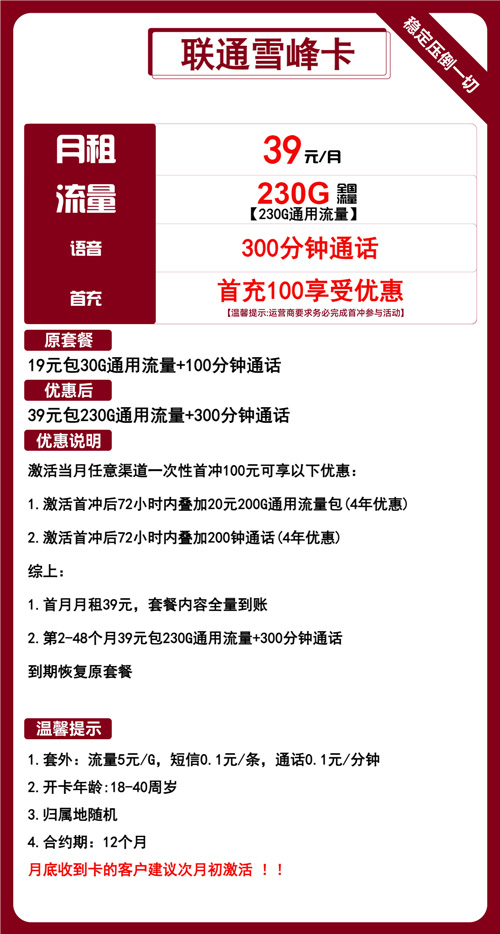 联通雪峰卡39元月包230G通用流量+300分钟通话
