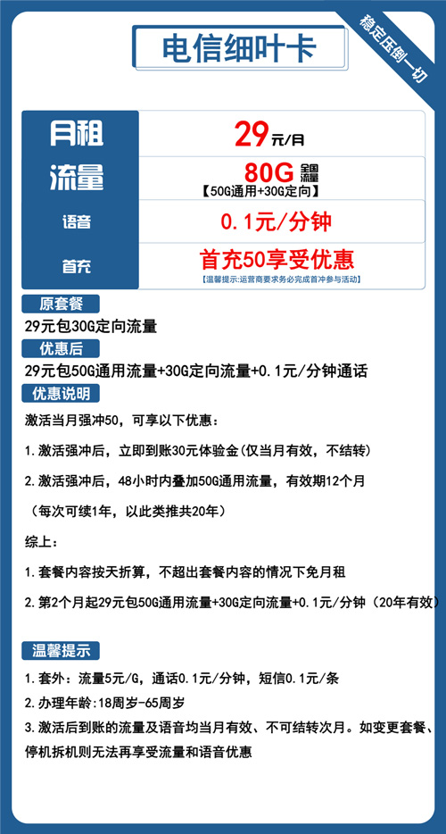 电信细叶卡29元月包50G通用流量+30G定向流量+通话0.1元/分钟