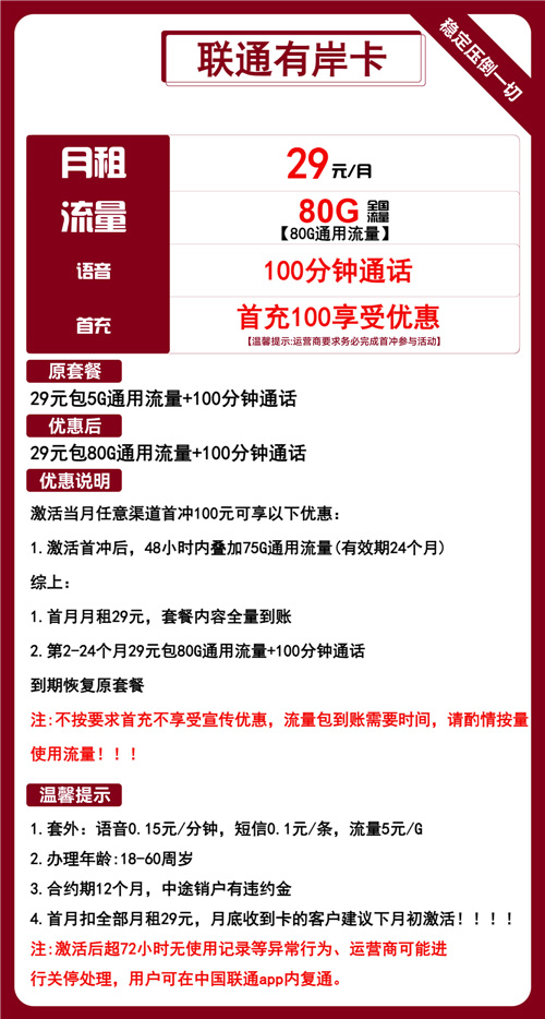 联通有岸卡29元月包80G通用流量+100分钟通话