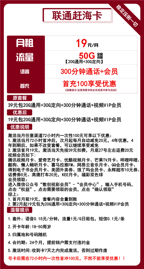 联通赶海卡19元月包20G通用流量+30定向流量+300分钟通话+会员权益