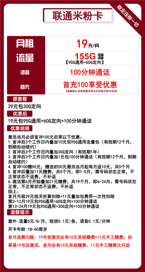 联通米粉卡19元月包95G通用流量+60G定向流量+100分钟通话
