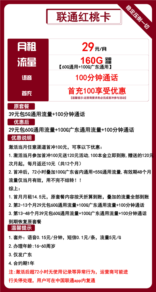联通红桃卡29元月包60G通用流量+100G省内通用+100分钟通话