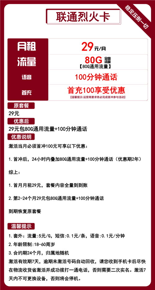 联通烈火卡29元月包160G通用流量+100分钟通话