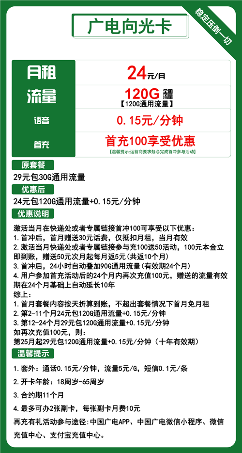 广电向光卡24元月包120G通用流量+通话0.15元/分钟
