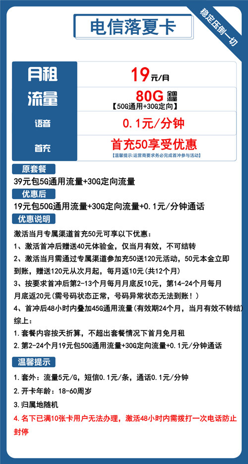 电信落夏卡19元月包50G通用流量+30G定向流量+通话0.1元/分钟
