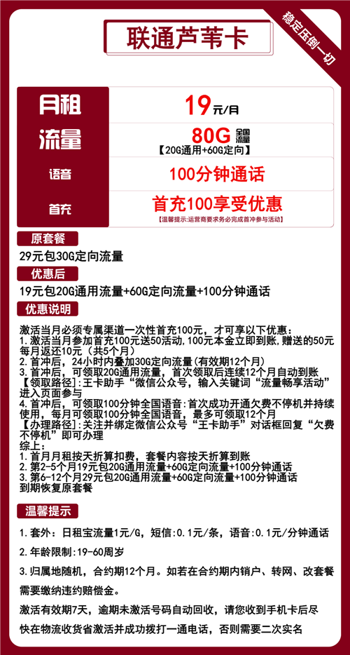联通芦苇卡29元月包20G通用流量+60G定向流量+100分钟通话