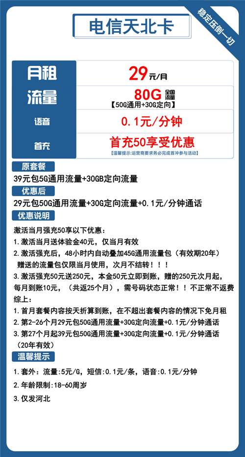 电信天北卡29元月包50G通用流量+30G定向流量+通话0.1元/分钟