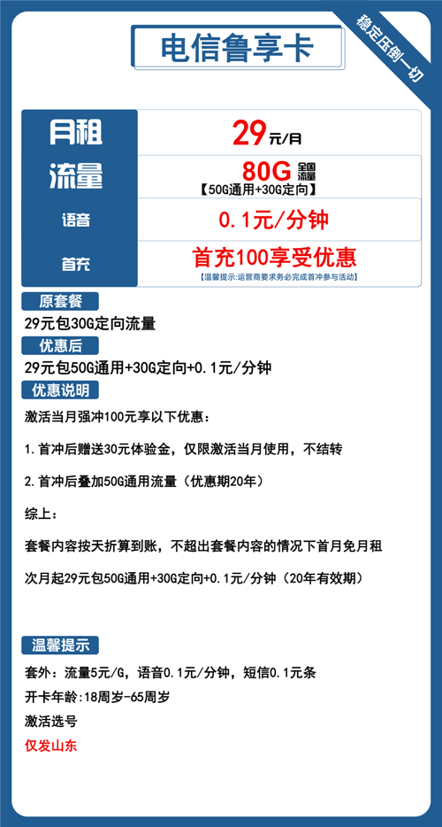 电信鲁享卡29元月包50G通用流量+30G定向流量+通话0.1元/分钟