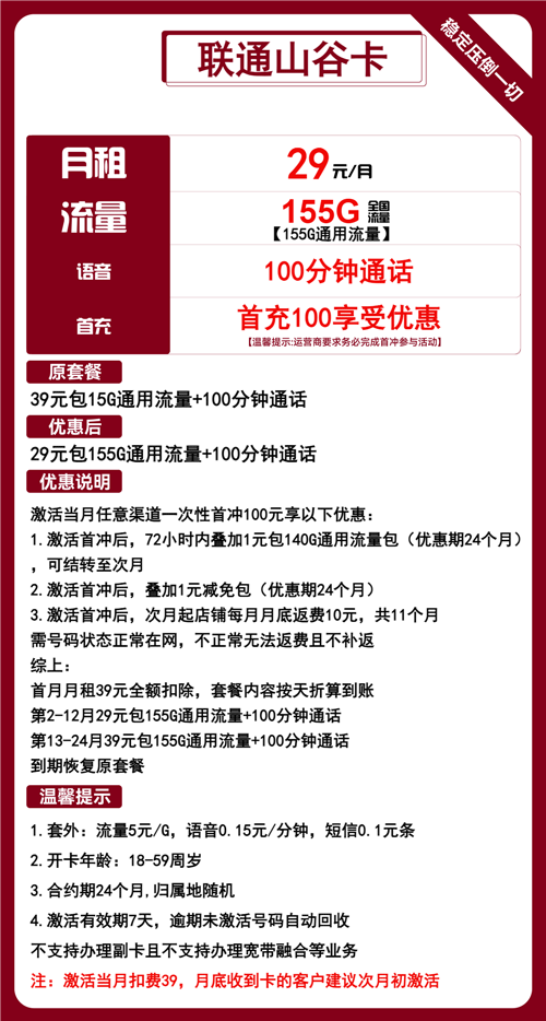 联通山谷卡29元月包155G通用流量+100分钟通话