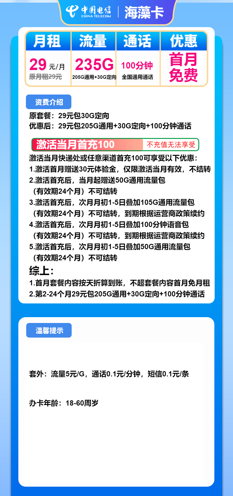 电信海藻卡29元月包205G通用流量+30G定向流量+100分钟通话