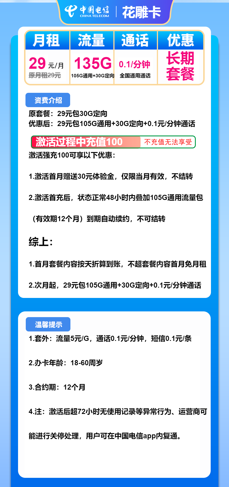电信花雕卡29元月包105G通用流量+30G定向流量+通话0.1元/分钟