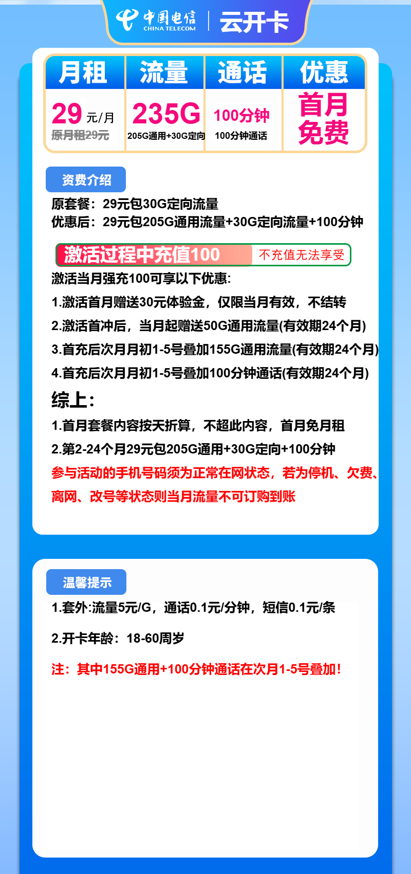 电信云开卡29元月包205G通用流量+30G定向流量+100分钟通话
