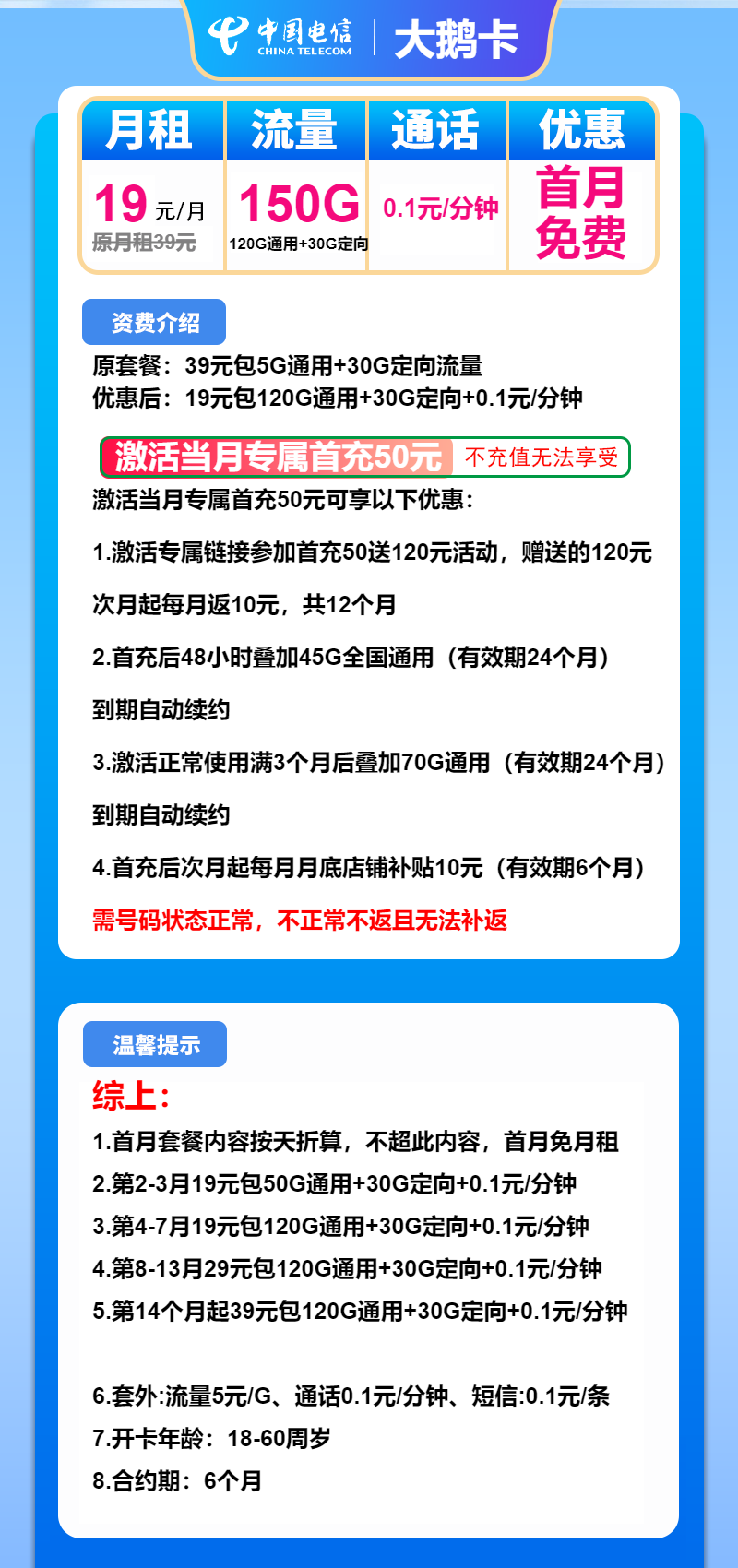 电信大鹅卡19元月包120G通用流量+30G定向流量+通话0.1元/分钟