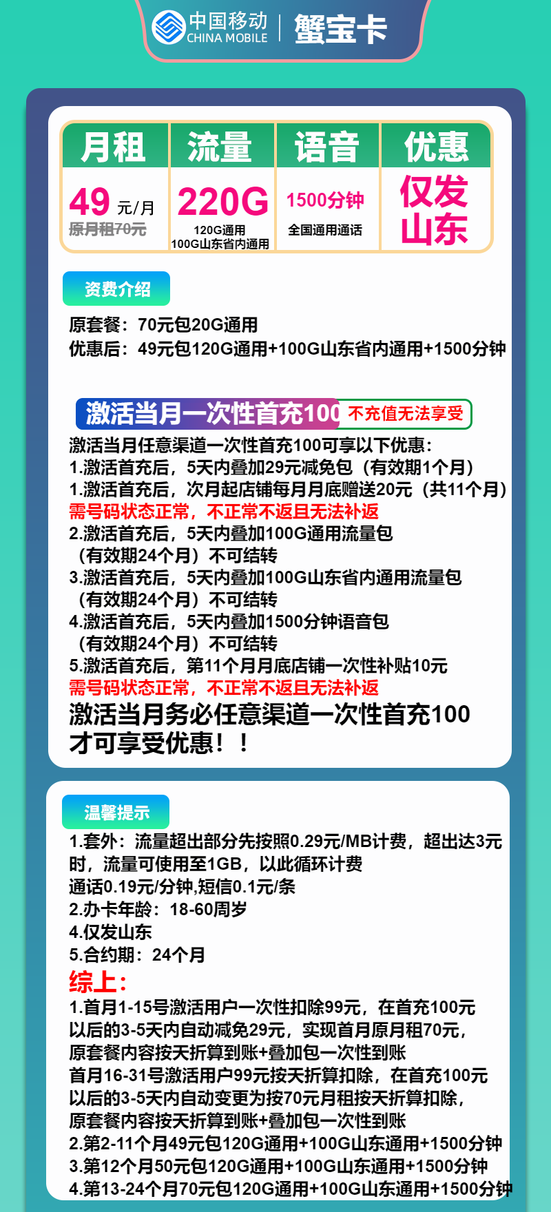 移动蟹宝卡49元月包120G通用流量+100G省内通用+1500分钟通话
