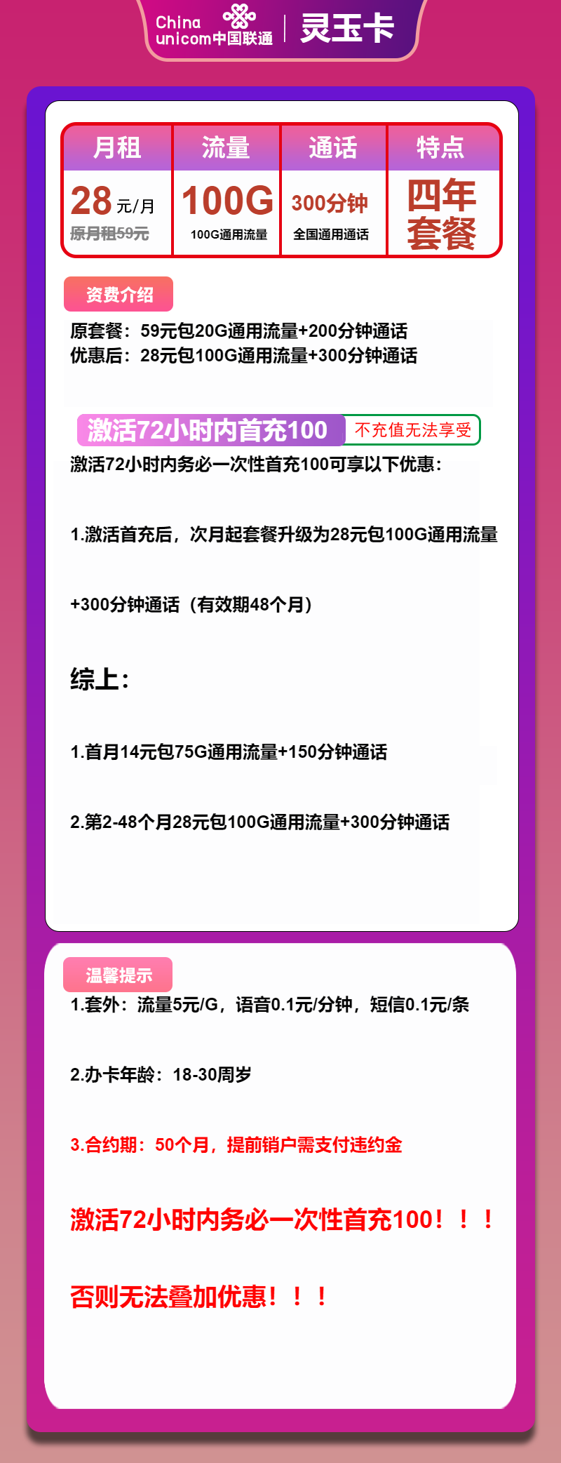 联通灵玉卡28元月包100G通用流量+300分钟通话