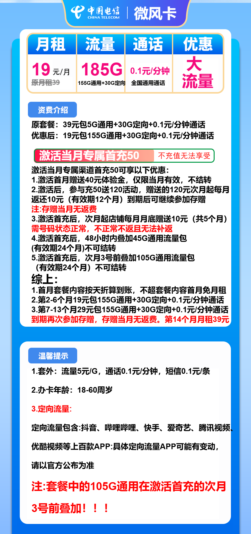 电信微风卡19元月包155G通用流量+30G定向流量+通话0.1元/分钟