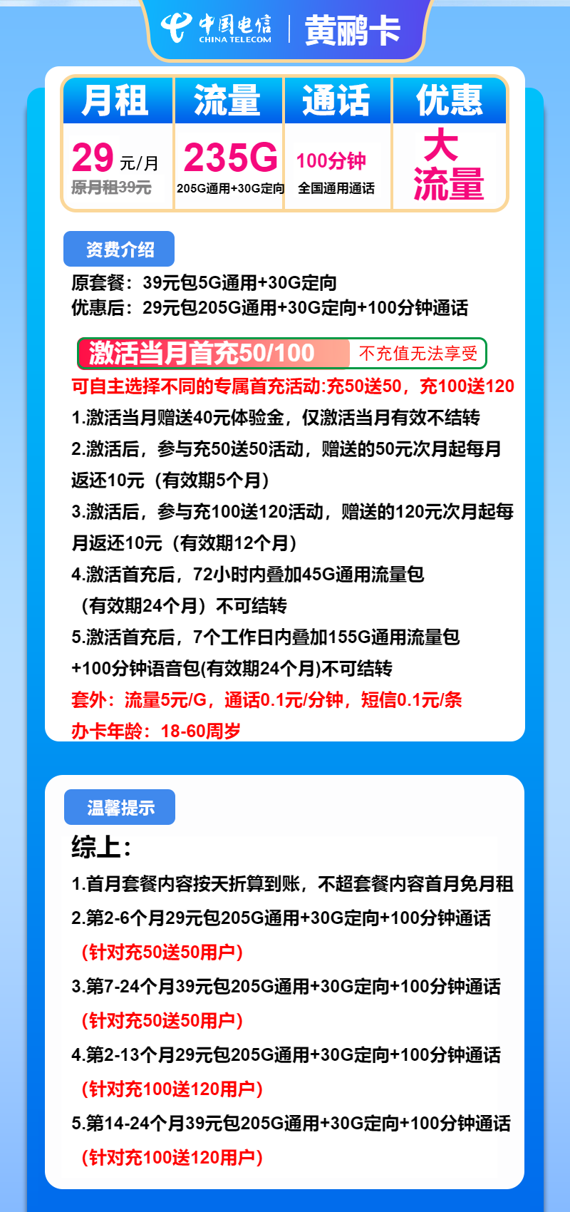 电信黄鹂卡29元月包205G通用流量+30G定向流量+100分钟通话