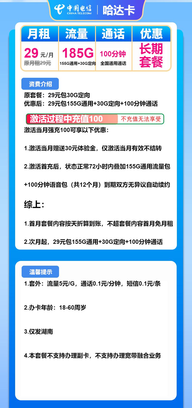 电信哈达卡29元月包155G通用流量+30G定向流量+100分钟通话