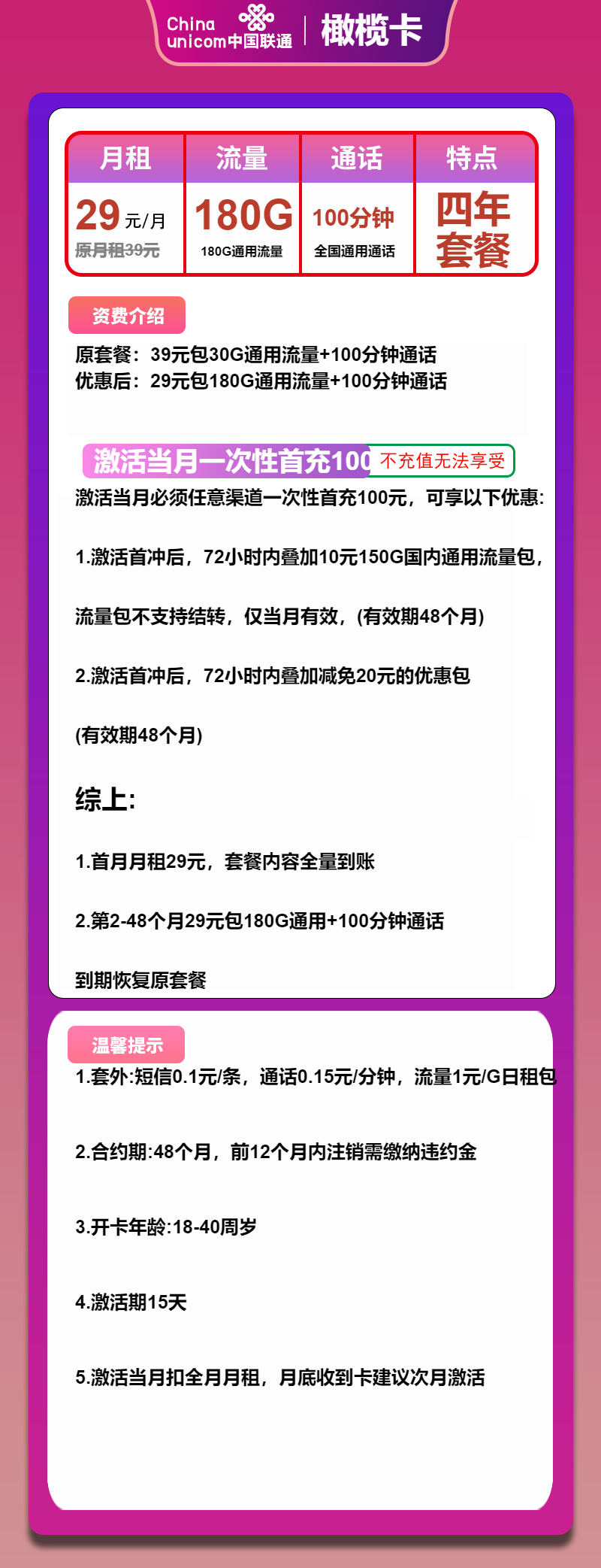 联通橄榄卡29元月包180G通用流量+100分钟通话