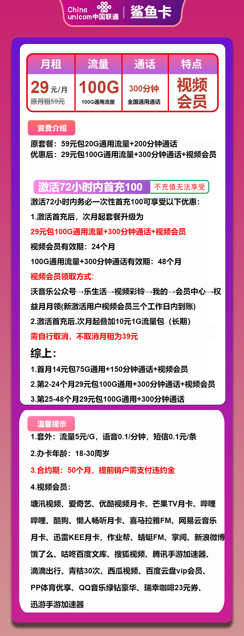 联通鲨鱼卡29元月包100G通用流量+300分钟通话+会员权益